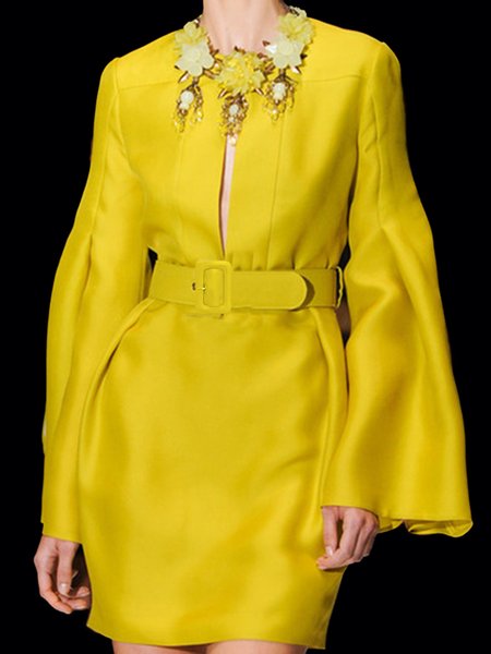 

Elegant Solid Long sleeve Regular fit Dress Without Necklace, Yellow, Mini Dresses