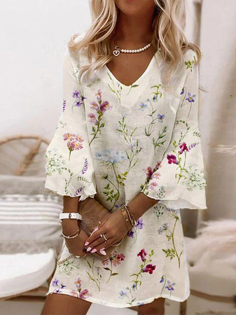 

Loosen Cotton Blends Long Sleeve Woven Dress, Beige, Mini Dresses