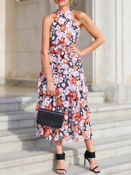 

Vacation Halter Sleeveless Floral Dress, Multicolor, Maxi Dresses