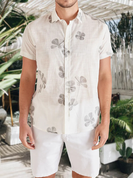 

Cotton-Linen Botanical Floral Print Versatile Linen Shirt, As picture, Shirts ＆ Blouse
