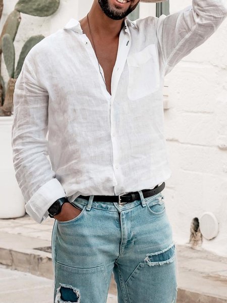 

Men's Cotton Linen Style Long Sleeve Shirt, White, Shirts ＆ Blouse