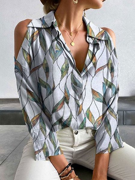 

Shirt Collar Leaves Buttoned Long Sleeve Blouse, Green, Blouses & Shirts