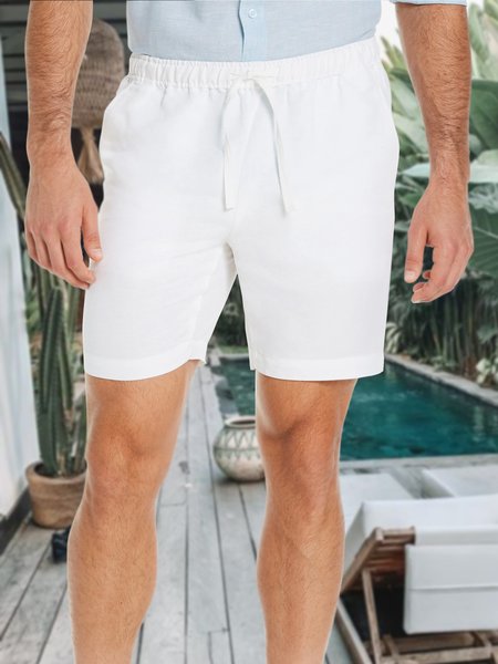 Men's Cotton Linen Style Elastic Waist Casual Shorts, White, Shorts