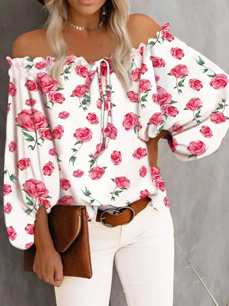 

Vacation Off The Shoulder Floral Long Sleeve Top, White, Tops