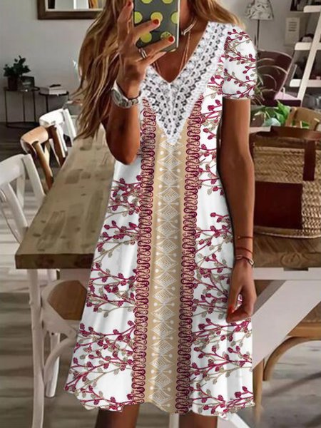 

Casual Regular Fit Floral Short Sleeve Knit Dress, White, Mini Dresses