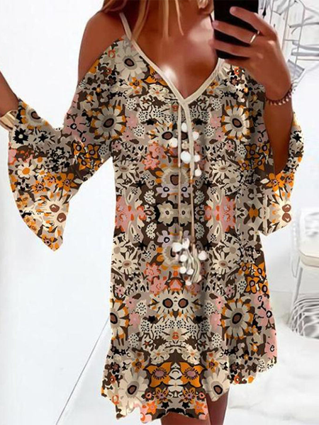 

Vacation Floral Flare Sleeve Long Sleeve Woven Dress, Multicolor, Mini Dresses