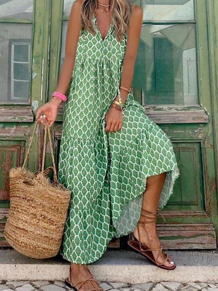 

Plus size Geometric Printed Sleeveless Casual Dress, Green, Maxi Dresses