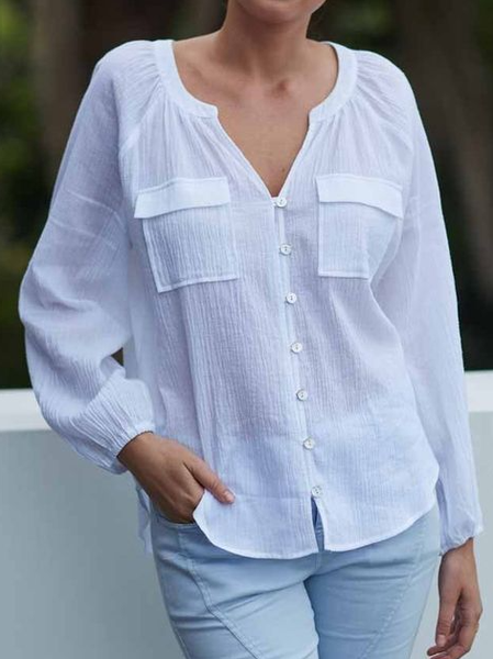 

Casual Plain Round Neck Bishop Sleeve Long Sleeve Blouse, White, Blouses & Shirts
