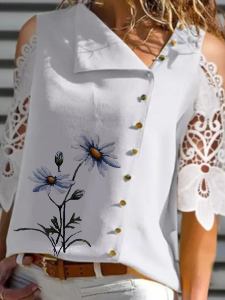 

Floral Casual Short Sleeve Tops, Off white, Tops