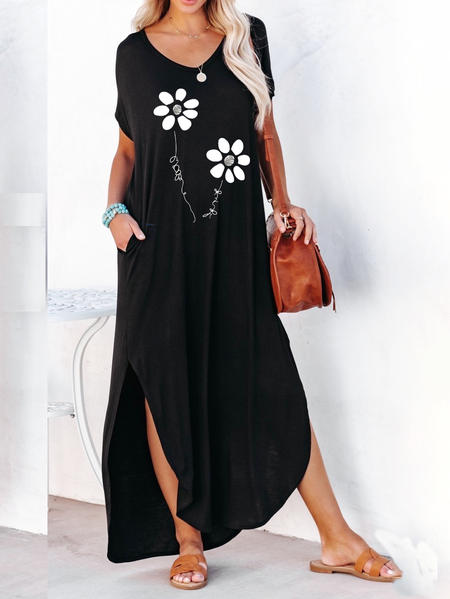 

Floral Vacation V Neck Short Sleeve Knit Dress, Black, Maxi Dresses