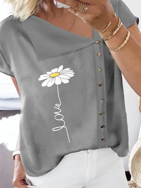 

Floral Lapel Buttoned Casual Short Sleeve Tops, Gray, Tops