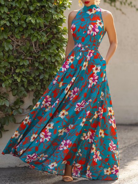 

Holiday Halter Sleeveless Floral Printed Dress, As picture, Maxi Dresses
