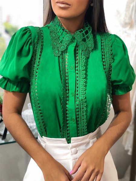 

Plain Elegant Shirt Collar Short Sleeve Blouse, Green, Blouses and Shirts