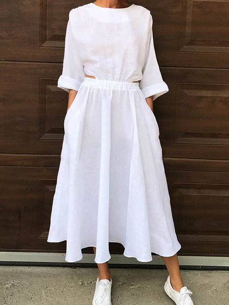 

Crew Neck Plain Short Sleeve Woven Midi Dress, White, Maxi Dresses