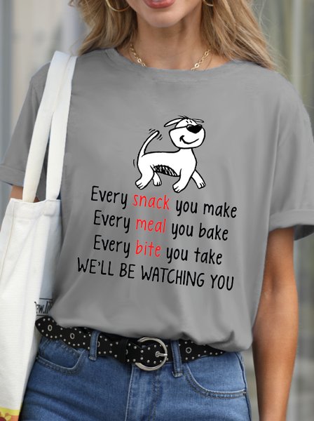 Funny Letter Dog Print Crew Neck T-Shirt, Gray, T-shirts