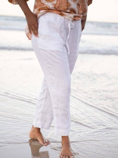 

Linen Casual Plain Pants, White, Pants