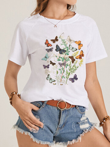 

Crew Neck Casual Short Sleeve Tops, White, T-Shirts