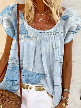 

Map Casual Vacation Crew Neck Short Sleeve Tops, Blue, T-Shirts