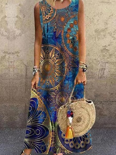 

Vacation loosen tribal Crew Neck sleeveless Knit Dress, Multicolor, Dresses