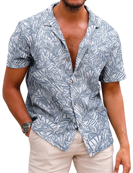 

Men's Cotton Linen Comfortable Short Sleeve Shirt, Blue, Men's Floral shirt