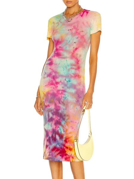 

Crew Neck Ombre Regular Fit Short Sleeve Knit Dress, Rose red, Midi Dresses