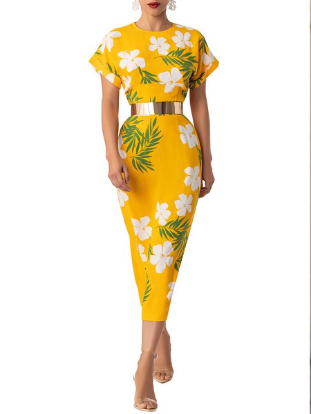 

Holiday Crew Neck Floral Short Sleeve Dress, Yellow, Midi Dresses