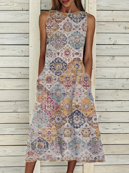 

Tribal Crew Neck Loosen Sleeveless Woven Dresses, Multicolor, Dresses