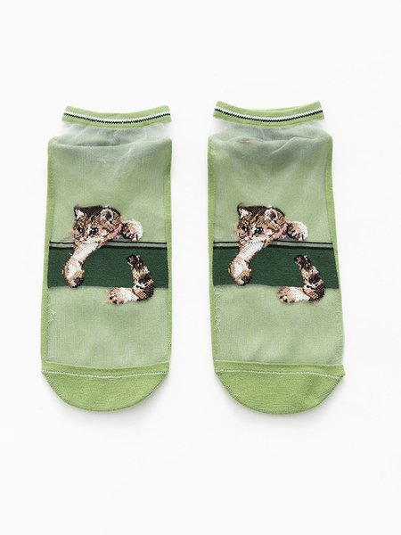 

Glass Silk Cat Socks, Green, Socks