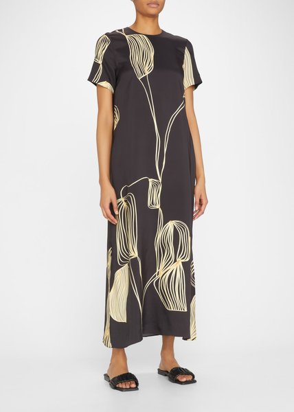 

Vacation Floral Short Sleeve Woven Dress, Black, Maxi Dresses