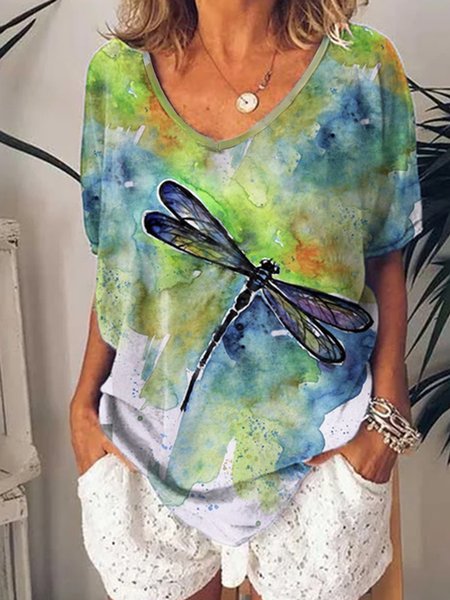 

Dragonfly Loosen Vacation Short Sleeve Tops, White, T-Shirts
