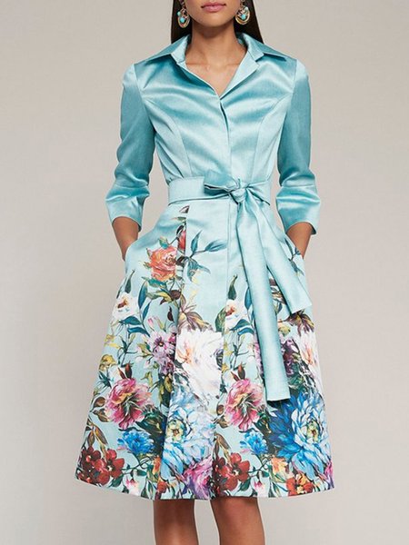 

Regular Fit Floral Satin Long Sleeve Woven Dress, Blue, Midi Dresses