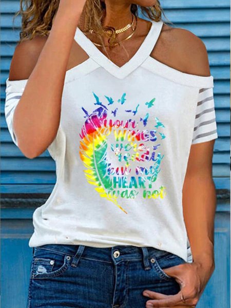 

V Neck Off Shoulder Loosen Feather Short Sleeve T-Shirt, White, T-Shirts