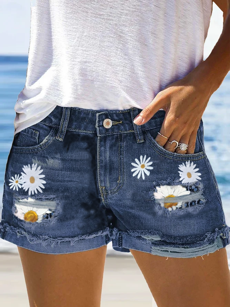 

Floral Denim Short Summer Loosen Denim shorts Bottoms, Blue, Shorts