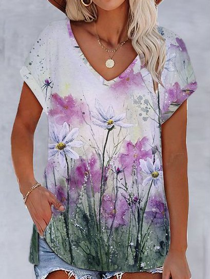 

Casual Floral Printed Short Sleeve T-Shirt, Purple, T-Shirts