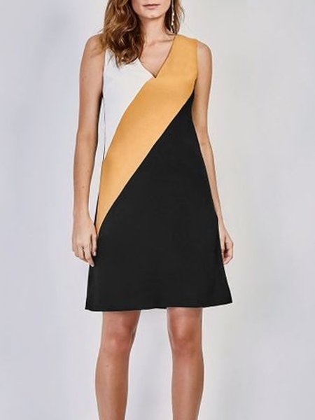 

V Neck Color Block Simple Short Sleeve Woven Dress, Black, Mini Dresses