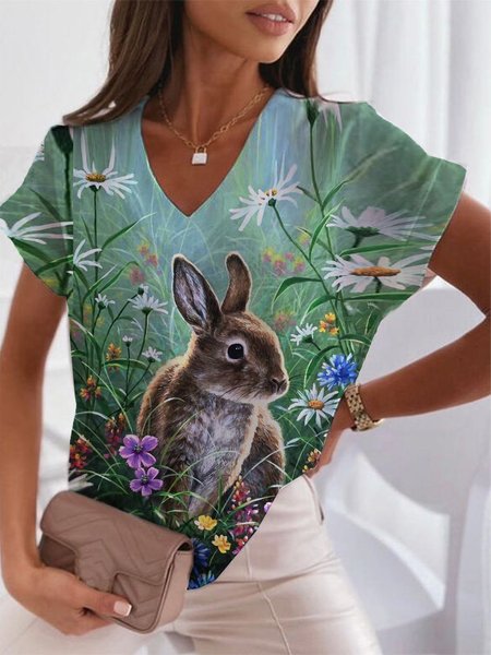 

Animal V Neck Cotton Blends Casual Short Sleeve Tops, Multicolor, T-Shirts