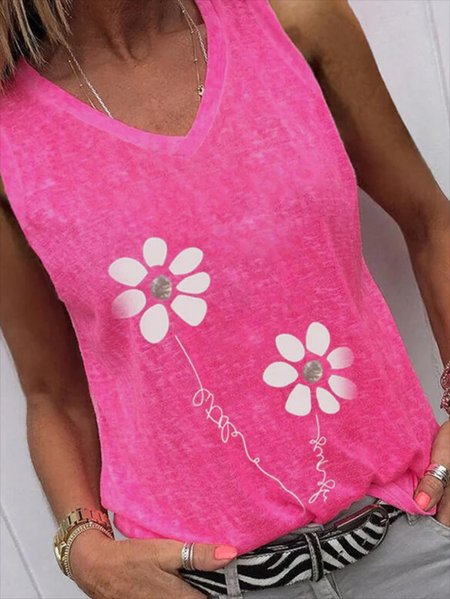 

Floral V neck Casual Knit Tank, Rose red, Tank Top