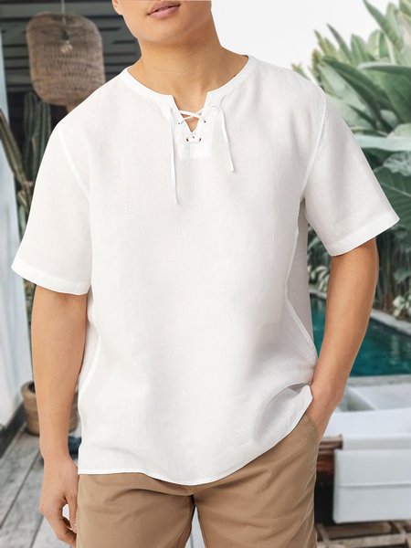 

Men's Cotton Linen Style Short Sleeve Tee, White, Shirts ＆ Blouse
