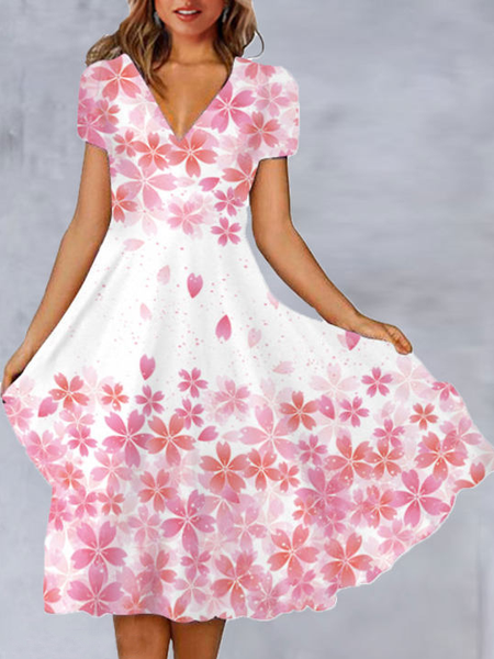 

V Neck Vacation Floral Short Sleeve Knit Dress, Pink, Dresses