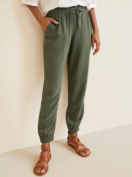 

Pockets Plain Casual Loosen Pants, Green, Pants