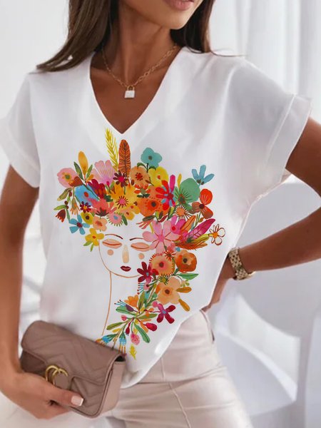 

Vacation Floral V Neck Short Sleeve T-Shirt, White, T-Shirts
