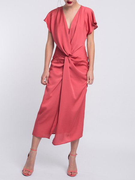 

Elegant V Neck Short Sleeve Woven Dress, Peach, Maxi Dresses