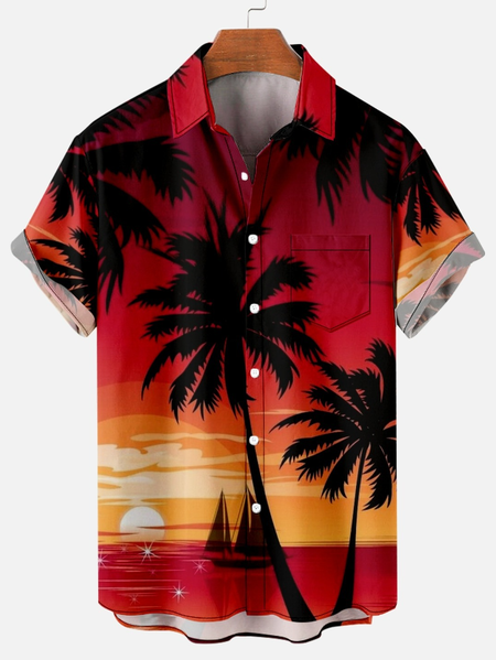 

Men’s Coconut Tree Color Block Casual Tribal Short Sleeve Hawaiian Shirt, As picture, Short Sleeves Shirts