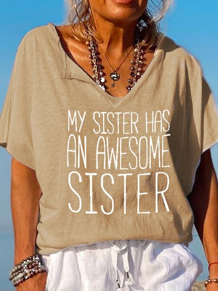 

Funny Awesome Sister V Neck Letter Short Sleeve Tops, Khaki, T-shirts