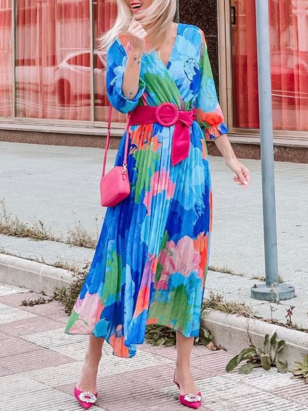 

Elegant Vacation Printed Three Quarter Floral Dress, Blue, Maxi Dresses