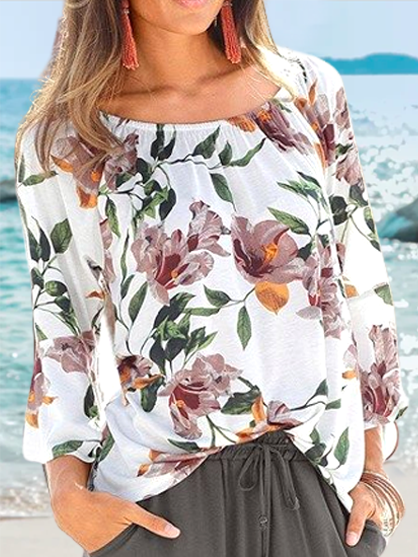 

Floral Print Elastic Neck Resort Beach Top Boho Loosen Floral Long Sleeve Tops, White, Tops