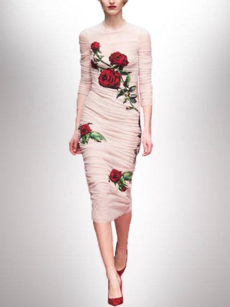 

Skinny Elegant Floral Long Sleeve Knit Dress, Pink, Midi Dresses