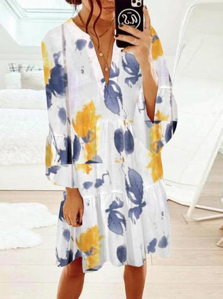 

Flare Sleeve Loosen V Neck Leaves Long Sleeve Woven Dress, White, Mini Dresses