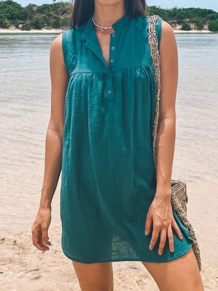 

Plain Casual Vacation Cotton Blends Short Sleeve Woven Dress, Blue, Dresses