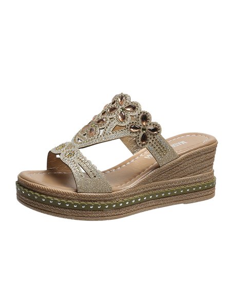 

Floral Rhinestone Cutout Upper Woven Bottom Wedge Slides, Golden, Women Shoes>>Women's Shoes>>Women sandals Slippers